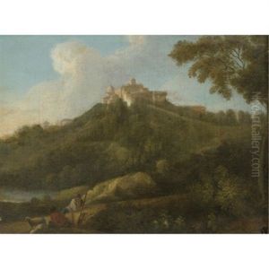 A View Of The Roman Campagna With Shepherds In The Foreground And A Palazzo And A Church On A Hilltop Beyond by Gaspard Dughet