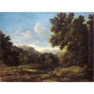 An Italianate Landscape With Figures Resting Near A Pond, A Fortified Hilltop Town Beyond by Gaspard Dughet