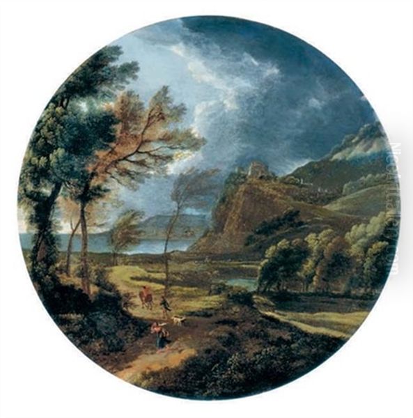 A Stormy Landscape With Travelers By A Cliff - view 1
