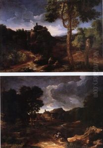 Landschaft Mit Burg Und Figurestaffage (+ Tiefe Landscahft Mit Fluss Und Figuren Im Vordergrund; Pair) by Gaspard Dughet
