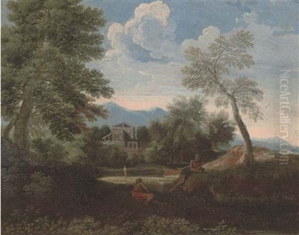 A Wooded Landscape With Figures Conversing, A Town Beyond - view 1