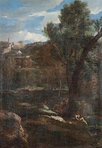 An Italianate Landscape With Figures On The Banks Of A River, A View To A Hilltop Village Beyond - view 1