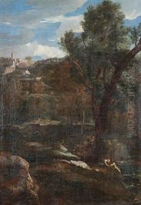 An Italianate Landscape With Figures On The Banks Of A River, A View To A Hilltop Village Beyond by Gaspard Dughet