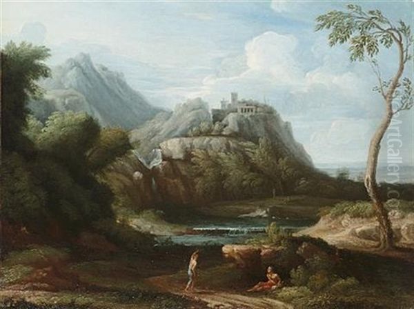 An Arcadian Landscape With Figures Resting Beneath Trees, A View To A Castle Beyond (+ An Arcadian River Landscape With Figures Resting Beside A Country Path, A Hilltop Village Beyond; Pair) - view 1