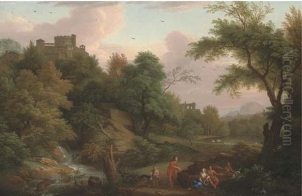 An Italianate Wooded Landscape, With Figures By A Stream And Buildings Beyond - view 1