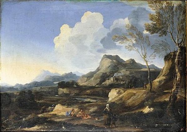 An Italianate Landscape With A River And Rustic Buildings, Classical Figures And Travellers In The Foreground - view 1