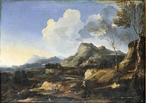 An Italianate Landscape With A River And Rustic Buildings, Classical Figures And Travellers In The Foreground by Gaspard Dughet