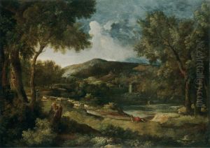 An Italianate River Landscape With A Shepherd And His Flock
