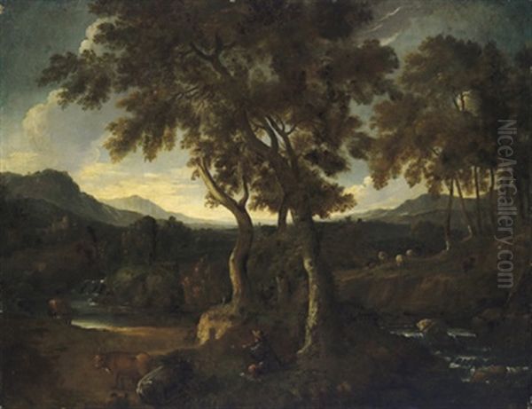 Paesaggio Boscoso Con Un Pastore Che Suona Il Flauto: Weite Bewaldete Landschaft Mit Einem Schalmei Blasenden Hirten - view 1