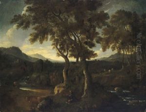Paesaggio Boscoso Con Un Pastore Che Suona Il Flauto: Weite Bewaldete Landschaft Mit Einem Schalmei Blasenden Hirten by Gaspard Dughet