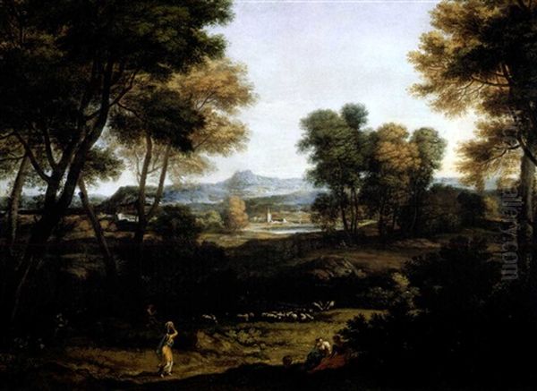 An Italianate Landscape With Washerwomen And A Shepherd And A Church Spire Beyond - view 1