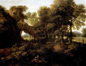 A Wooded Landscape With A Goat Herder Driving His Herd On A Path; Mountains Beyond by Gaspard Dughet