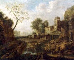 An Italianate River Landscape With A Traveller By A Town by Gaspard Dughet