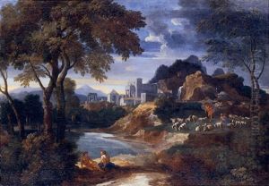 An Italianate River Landscape With A Villa And Shepherds Resting With Their Flock By A Pond