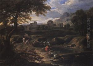 Paesaggio Fluviale Con Figure E Fortezza In Secondo Piano by Gaspard Dughet