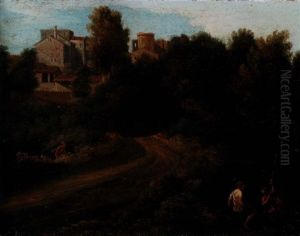 Classical Landscape With Figures Near A Bridge Leading To A Village by Gaspard Dughet