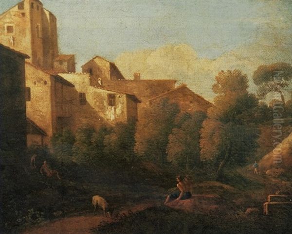 An Italianate Village Landscape With A Shepherd Resting In The Foreground - view 1