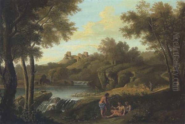 Sudliche Landschaft Mit Wasserfall Und Figurenstaffage - view 1