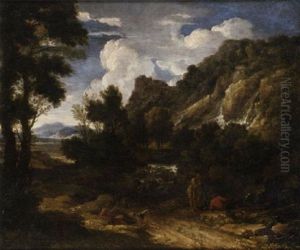 A Classical Landscape With Peasants Resting Beside A Road by Gaspard Dughet