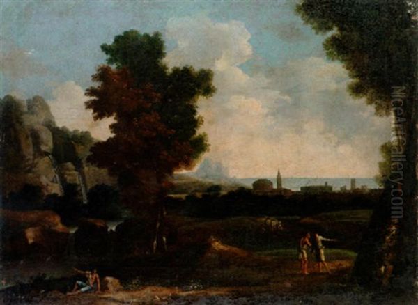 Classical Figures In An Arcadian Landscape With A Waterfall, A Coastal City Beyond - view 1