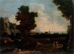 Classical Figures In An Arcadian Landscape With A Waterfall, A Coastal City Beyond by Gaspard Dughet