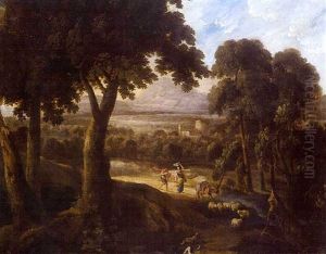 Paysage De La Campagne Italienne Avec Lavandiere, Berger Et Troupeau Sur Un Chemin Creux by Gaspard Dughet