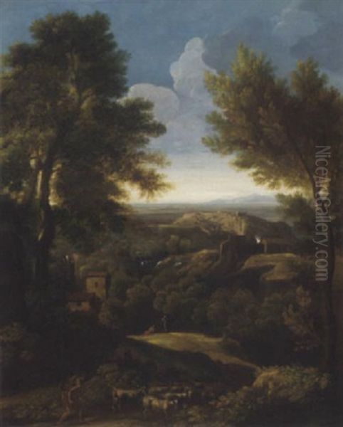 An Extensive Wooded Landscape With A Shephard And His Flock On A Path - view 1
