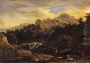 Paesaggio Fluviale Con Figure E Citta Sullo Sfondo