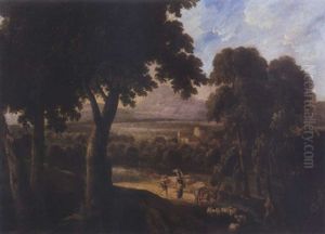 Paysage De La Campagne Italienne Avec Lavandiere, Berger Et Troupeau Sur Un Chemin Creux by Gaspard Dughet