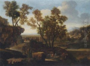 A River Landscape With A Sheperd And His Flock, A Fisherman And Other Figures, A Country House Beyond by Gaspard Dughet