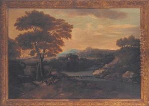 An Italianate River Landscape With A Shepherd Tending His Flock by Gaspard Dughet