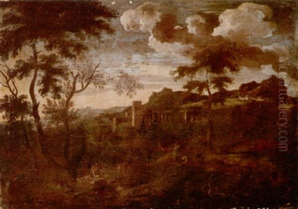A Classical Landscape With Figures In The Foregound, A Town On A Hill Beyond - view 1