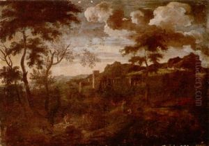 A Classical Landscape With Figures In The Foregound, A Town On A Hill Beyond by Gaspard Dughet