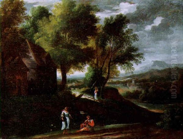 An Italianate Landscape With A Peasant And Her Livestock By A Cottage On A Path, A Piper In The Foreground, Mountians Beyond - view 1