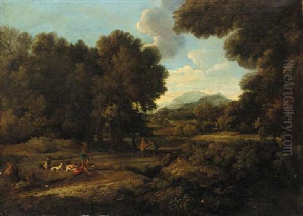 A Wooded Landscape With Figures By A Lake - view 1