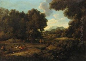 A Wooded Landscape With Figures By A Lake by Gaspard Dughet