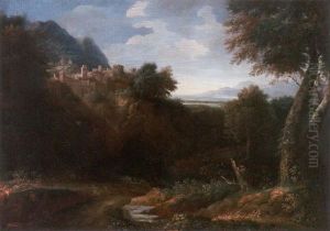A Wooded Italianate Landscape With A Fortified Town On The Hill Top And The Sea Beyond by Gaspard Dughet