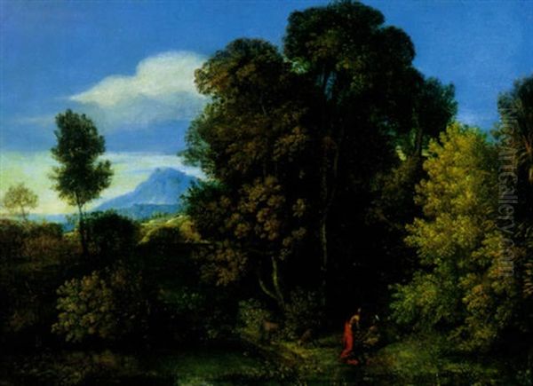 An Extensive Wooded Landscape With Figures By A Pond And A Mountain Beyond - view 1