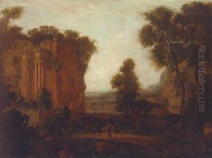 A Clasical Italianate Landscape With Travellers And A Donkey On A Track