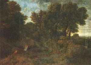A Wooded Landscape With Figures Resting In The Foreground by Gaspard Dughet