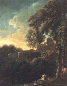 A Classical Wooded Landscape With Figures By A River by Gaspard Dughet