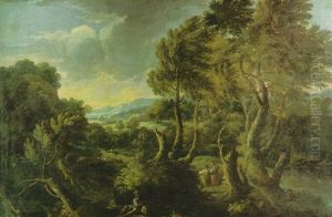 Italienische Landschaft Mit Wanderern, Schafer Und Rastendem Hirten by Gaspard Dughet