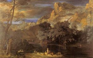 Scene Pastorale Et De Tir A L'arc Dans Un Paysage Montagneux