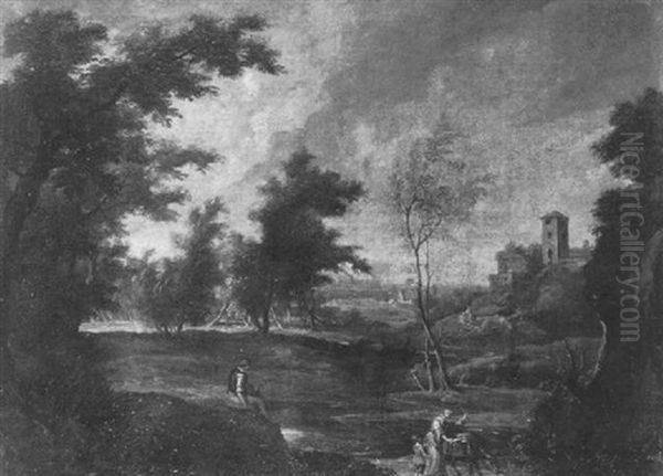 Hugellandschaft Mit Burg Und Angler - view 1