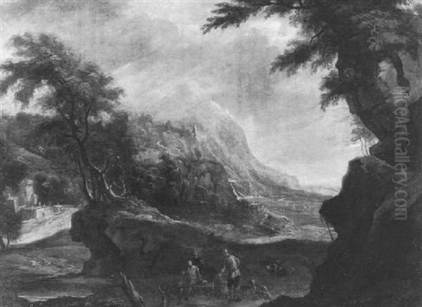 Gebirgige Landschaft Mit Wanderern - view 1