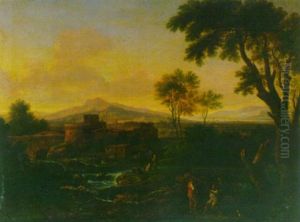 Flusslandschaft Mit Festung Und Figurenstaffage by Gaspard Dughet