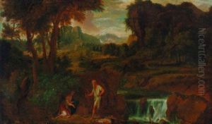 A Landscape With A Woman And Hermit Saint By A Rocky River by Gaspard Dughet