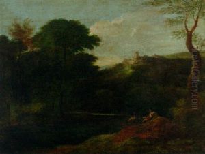 Figures In An Italianate River Landscape by Gaspard Dughet