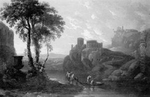 A View Of Classical Ruins With Figures By A Ferry by Gaspard Dughet