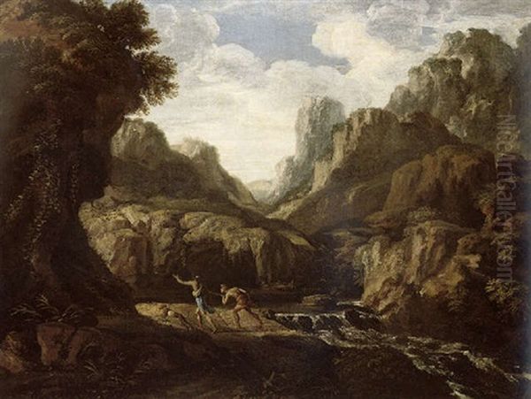 A Mountainous Landscape With Huntsmen And A Hound By A Torrent - view 1
